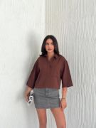 Crop Yakalı Gömlek Üç Çeyrek Sleeve Kol - Kahverengi resmi